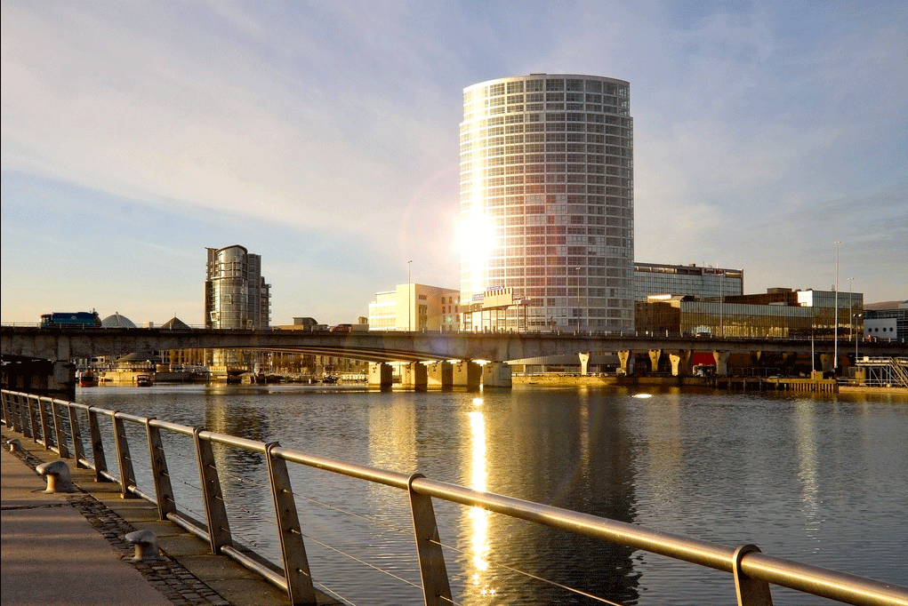 Sun shing on the Obel Tower, Belfast 