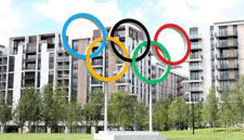 Olympic rings outside the athletes village, London 2012.